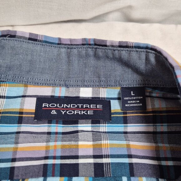 Roundtree & Yorke Men's Shirt Size L Plaid Short Sleeve Button UP  Blue (55) - Picture 6 of 10